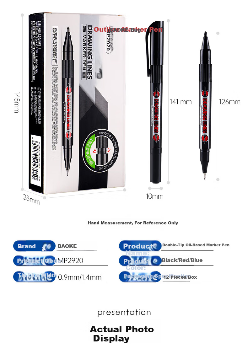BAOKE MP2920 Oil-Based Dual-Ended Liner Pen Red 12pcs/Box 10
