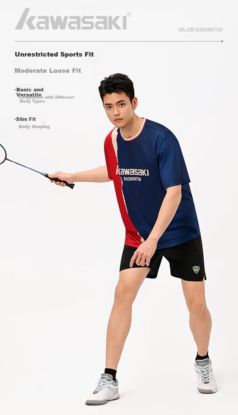 KAWASAKI Men's Badminton Shirt Short Sleeve T-Shirt Competition Training Navy Blue S 5
