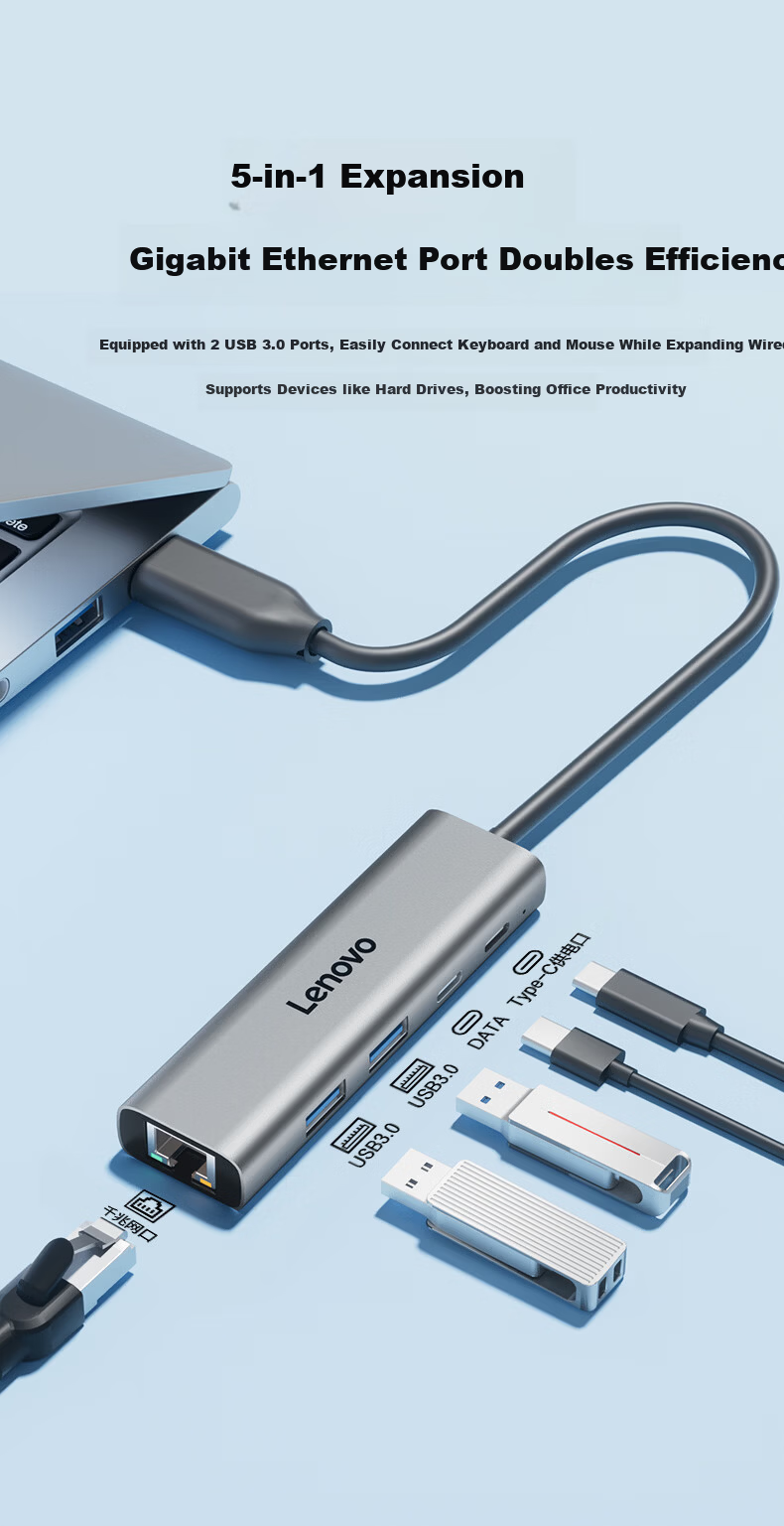 Lenovo USB 3.0 Hub Docking Station with Gigabit RJ45 Ethernet Adapter, Wired Network Card Converter, Laptop USB Expander, Xiaoxin 4-in-1 USB Splitter Adapter 2