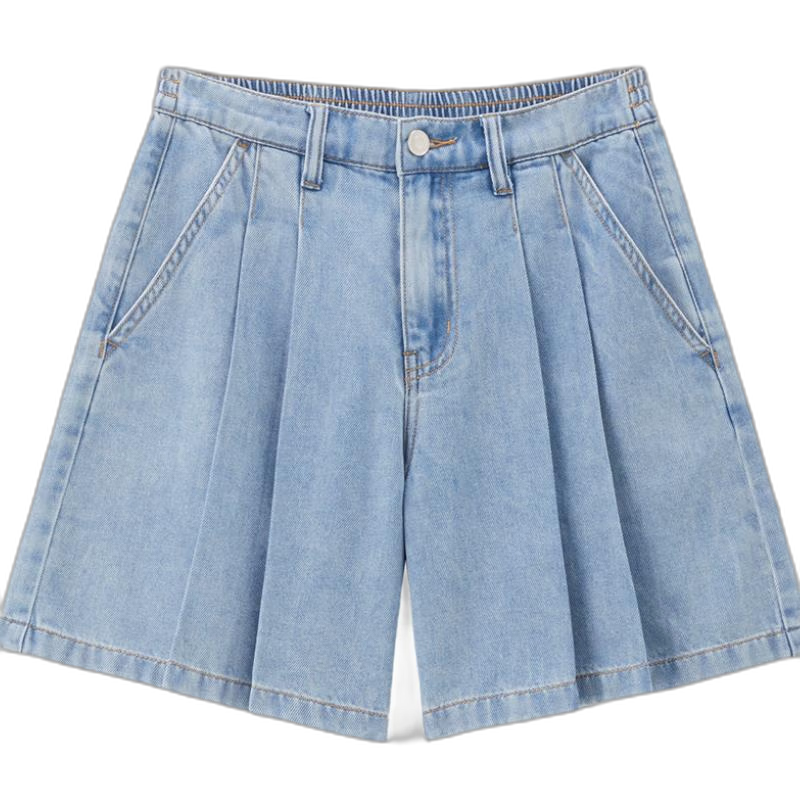 Giordano Women's Denim Shorts with Cooling Technology, Pleated Fabric, Elastic Waistband, Lightweight Denim Pants for Women 13405239