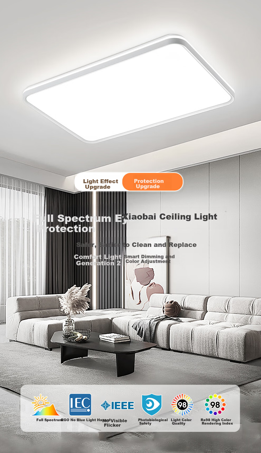 NVC LED Ceiling Light Ultra-thin Large Screen Full Spectrum Smart Quick-install Comfortable Square 48W for Living Room 1