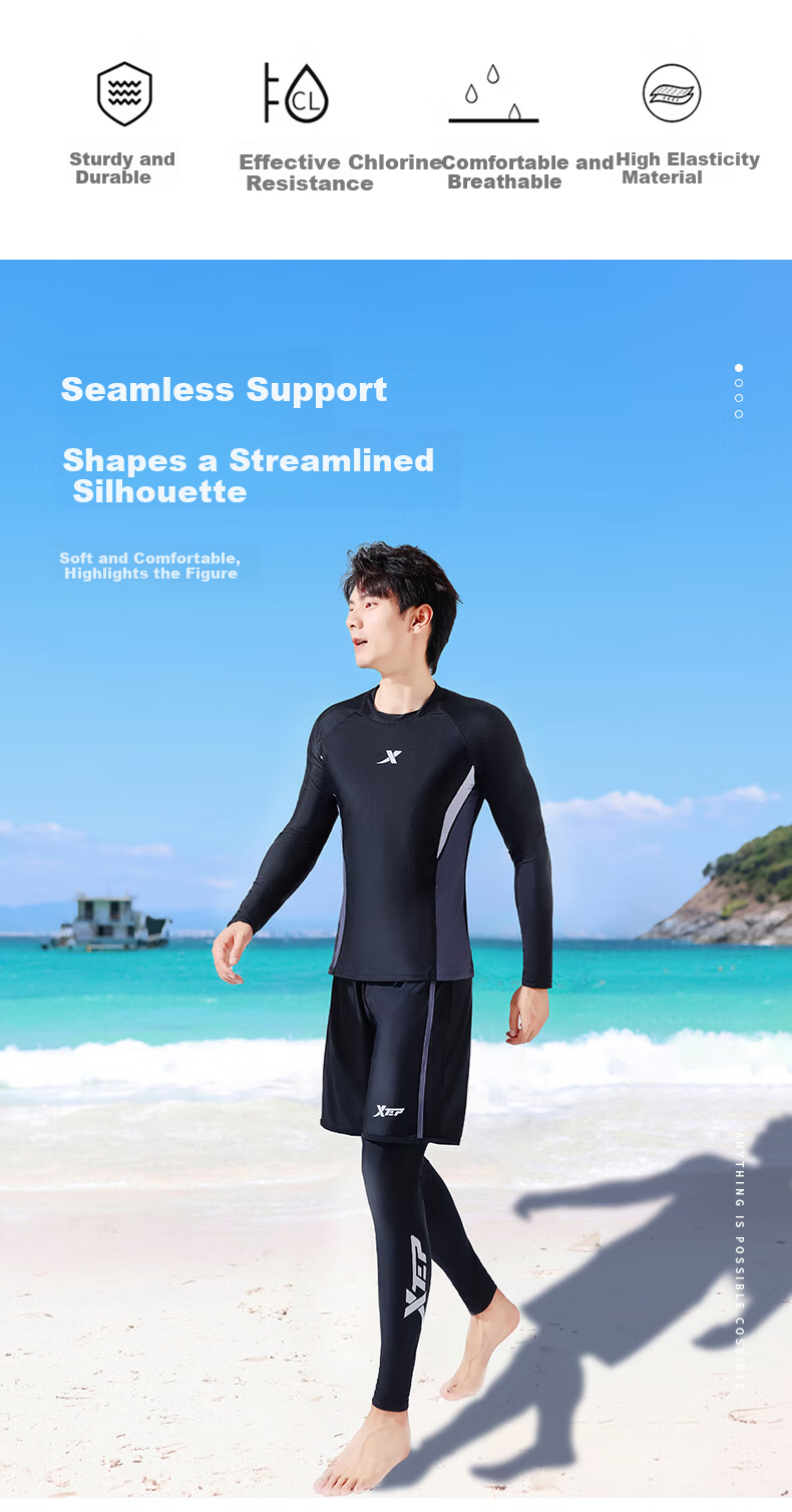 Xtep Men's Slim Fit Quick-Dry Long Sleeve and Long Pants Swimwear Set Professional Swimming and Diving Suit Swim Gear 3