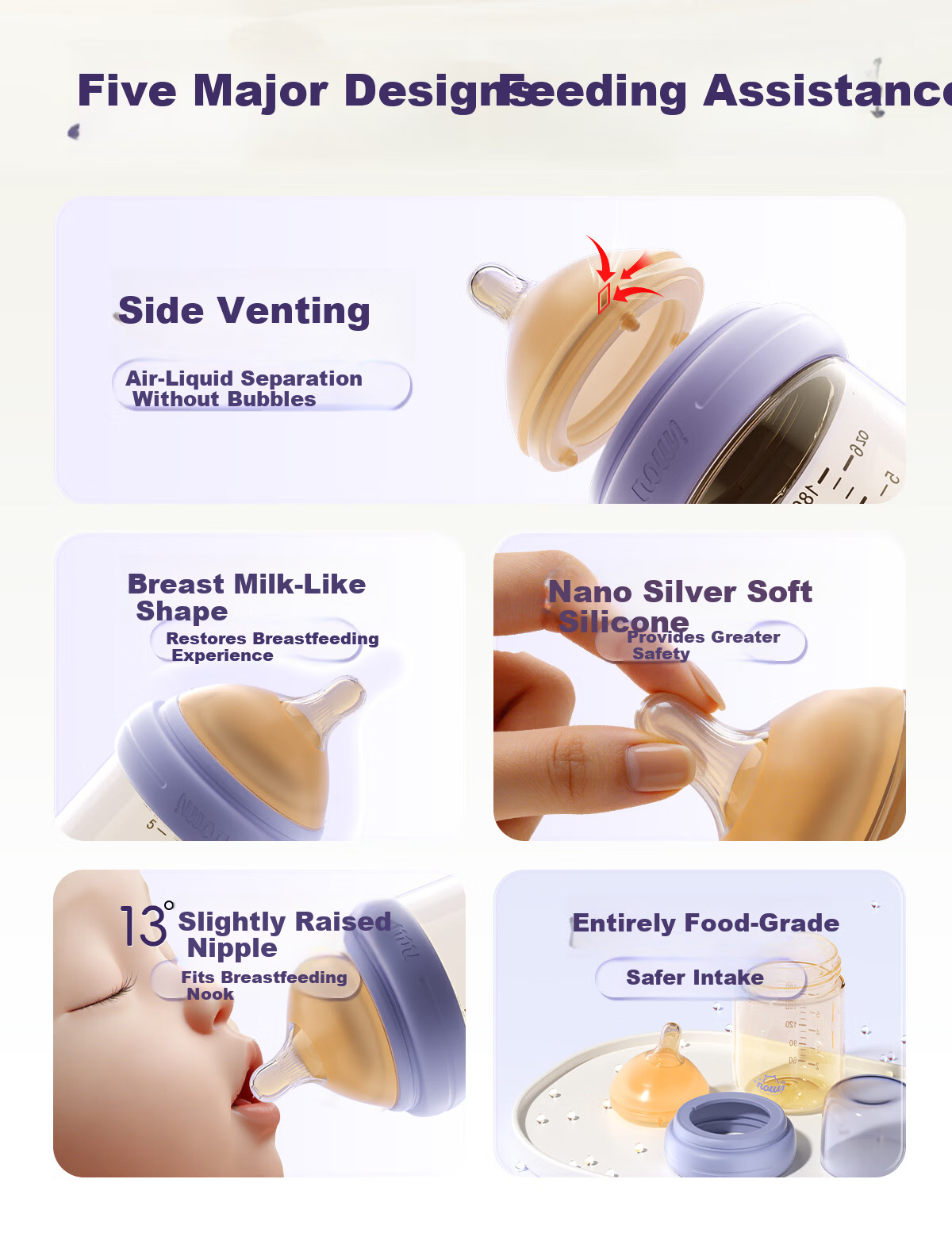 NOURI Newborn Baby Bottle 0-12 Months Anti-Choke Anti-Colic Nipple Feeding Cup PPSU Quiet Purple 240ml 2
