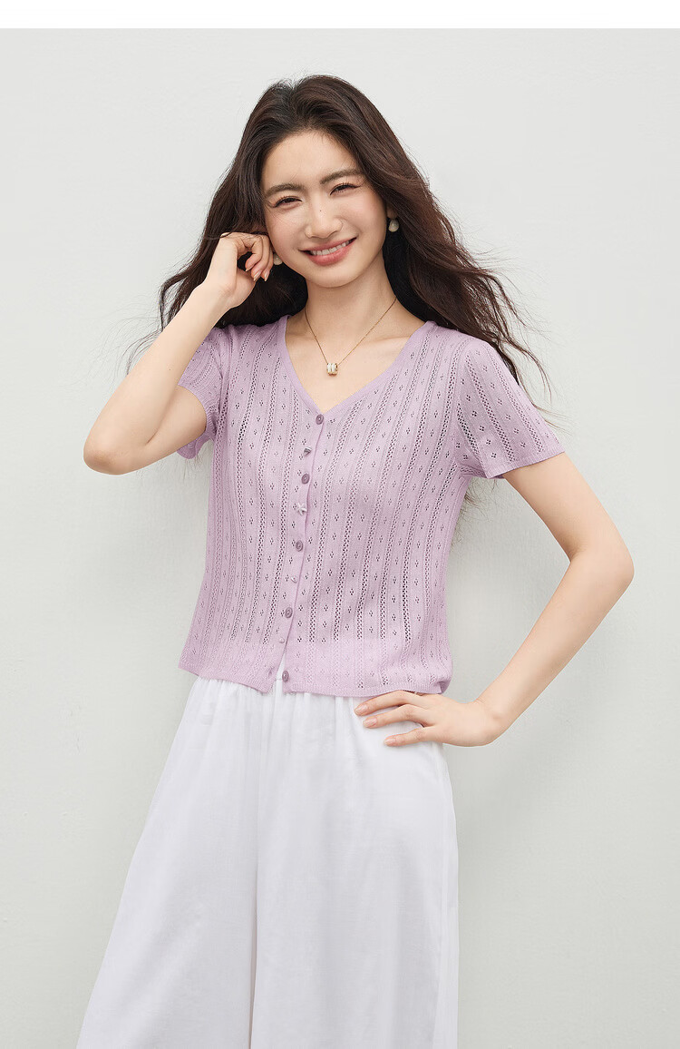 Shangdu Bira Linen Lyocell Knitwear Women Spring Summer Sweet Youthful V-Neck Hollow Texture Short Sleeve Cardigan Top 13