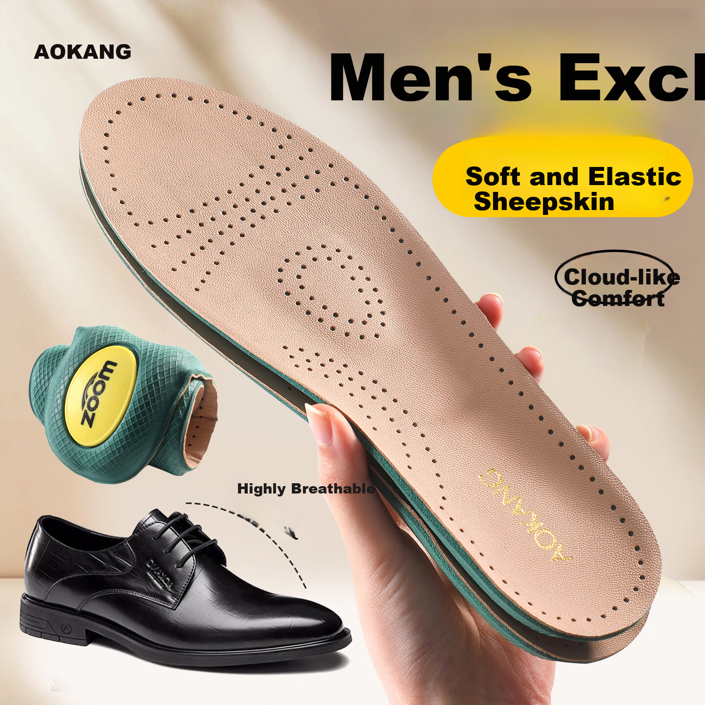 Aokang Leather Insoles Unisex Sweat-Absorbing Odor-Resistant Soft Genuine Sheepskin Thickened Shock-Absorbing Pain-Relief Sports Insoles for Long Standing