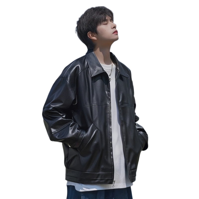 Foss Phil Men's Leather Jacket, Spring And Autumn Fashion Motorcycle Style, Korean Version Loose Casual Leather Coat, 6266 Black 3XL
