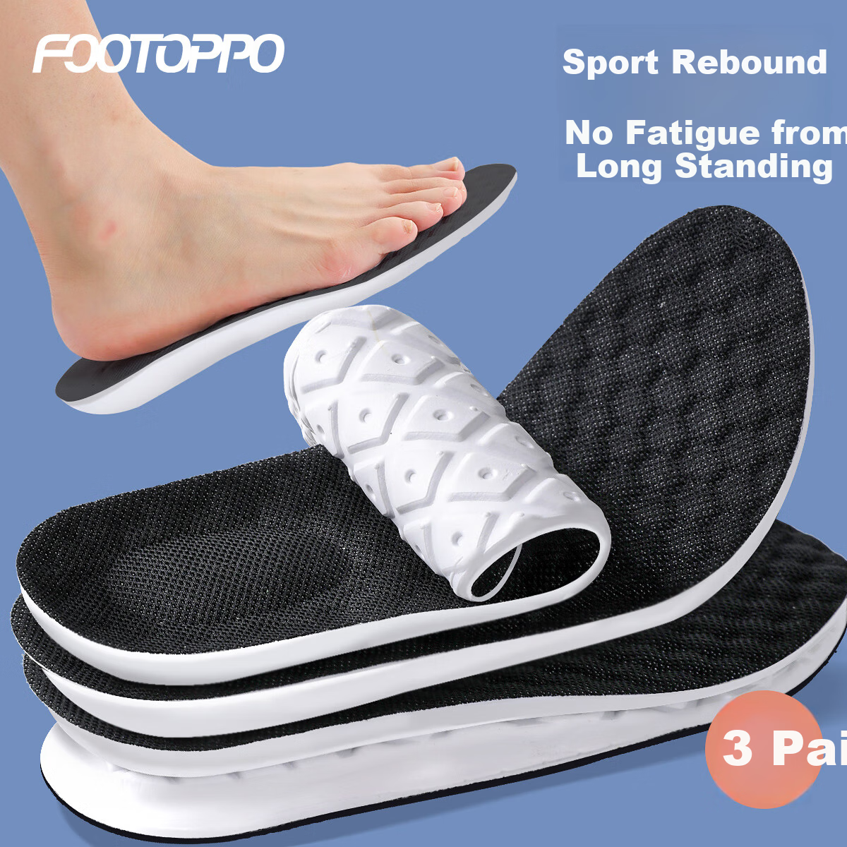 FOOTOPPO Men's Rebound Sports Insoles Shock Absorption Elastic Thickened Soft Cushioned Insoles for Long Standing