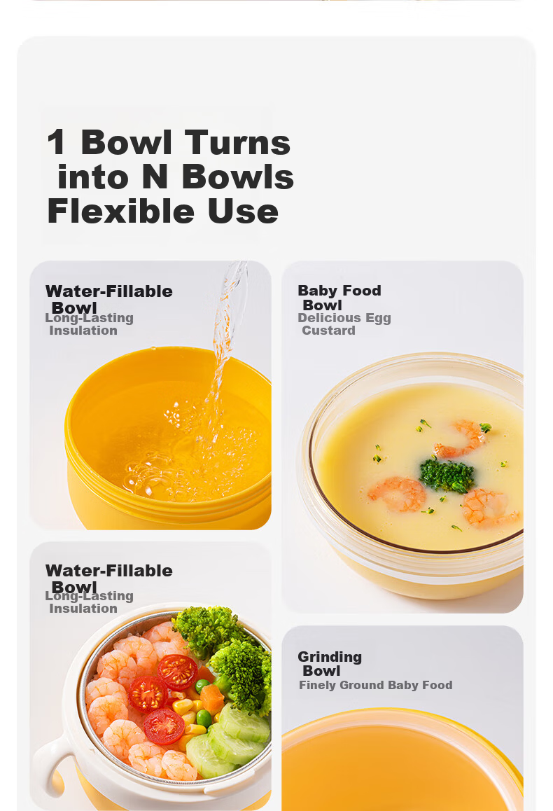 LUSN Stainless Steel Baby Feeding Bowl Anti-Drop Temperature-Controlled Children's Tableware Insulated Water-Filled Lunch Box 18