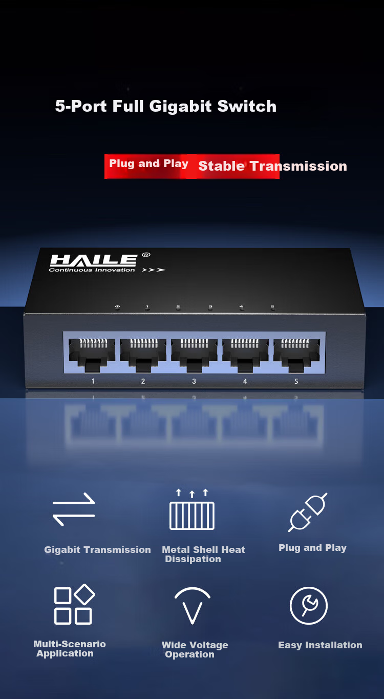 HAILE Haile 5-Port Full Gigabit Switch Enterprise-Level Unmanaged Switcher Monitoring Network Ethernet Splitter Home Dorm Router HG-2300S-5T 1