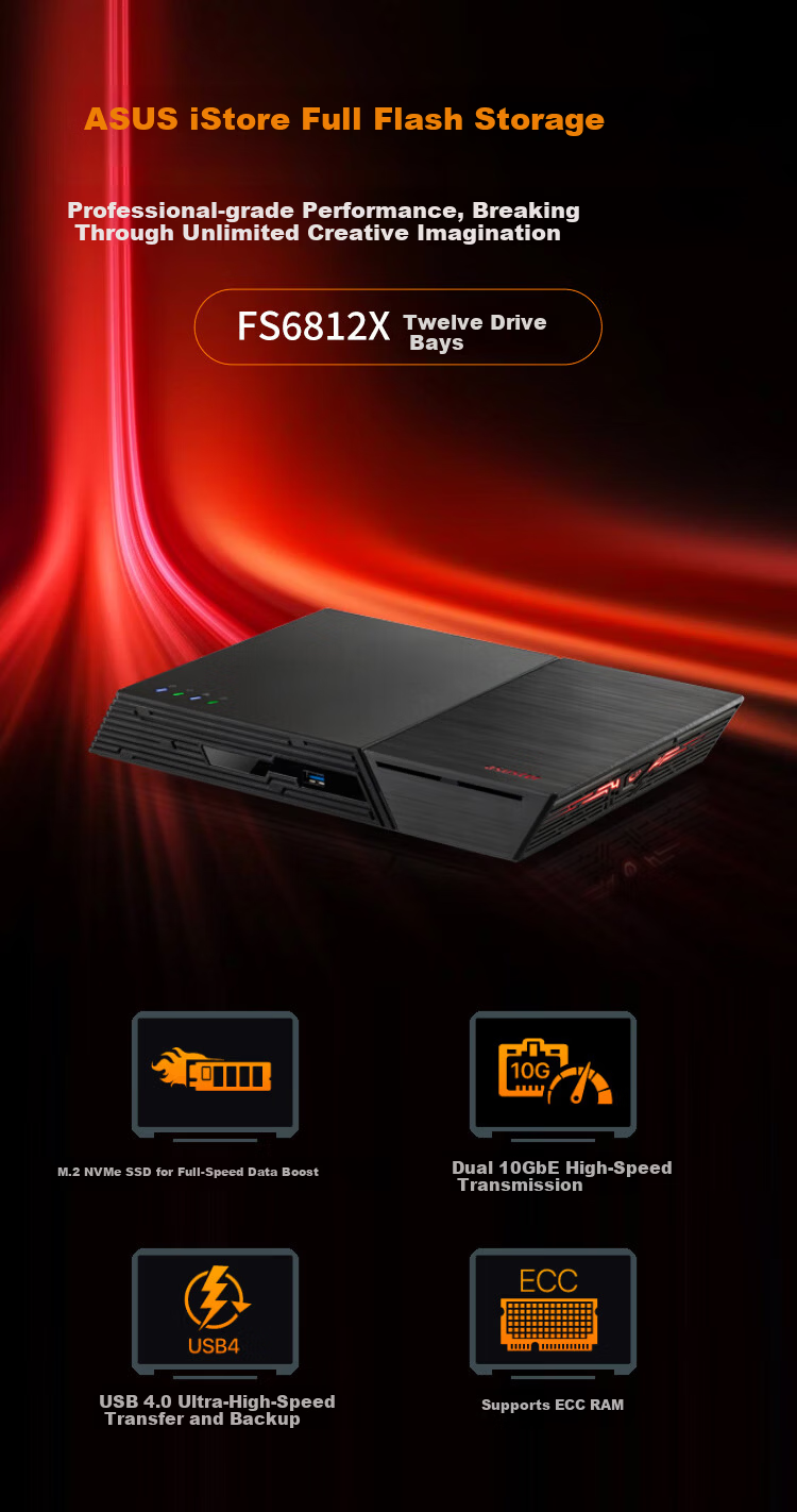 Asustor AS6812X Cloud Arrow 12-Bay NAS Network Storage Private Cloud NAS NVMe All-Flash M.2 SSD 10GbE Storage Server FS6812X 1