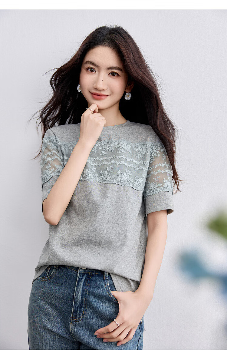 Shangdu Bila Cotton Spliced Lace Trim Round Neck Short Sleeve T-Shirt Women Summer Slim Straight Top Elegant Temperament Women's Wear 10