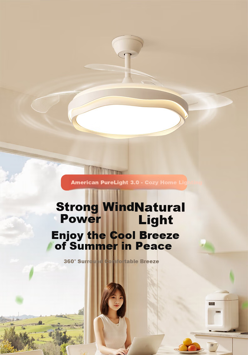 Kuka LED Cream Style Invisible Ceiling Fan Light for Living Room and Dining Room Silent Ceiling Fan with Downrod - Three Colors [Installation Included] 1