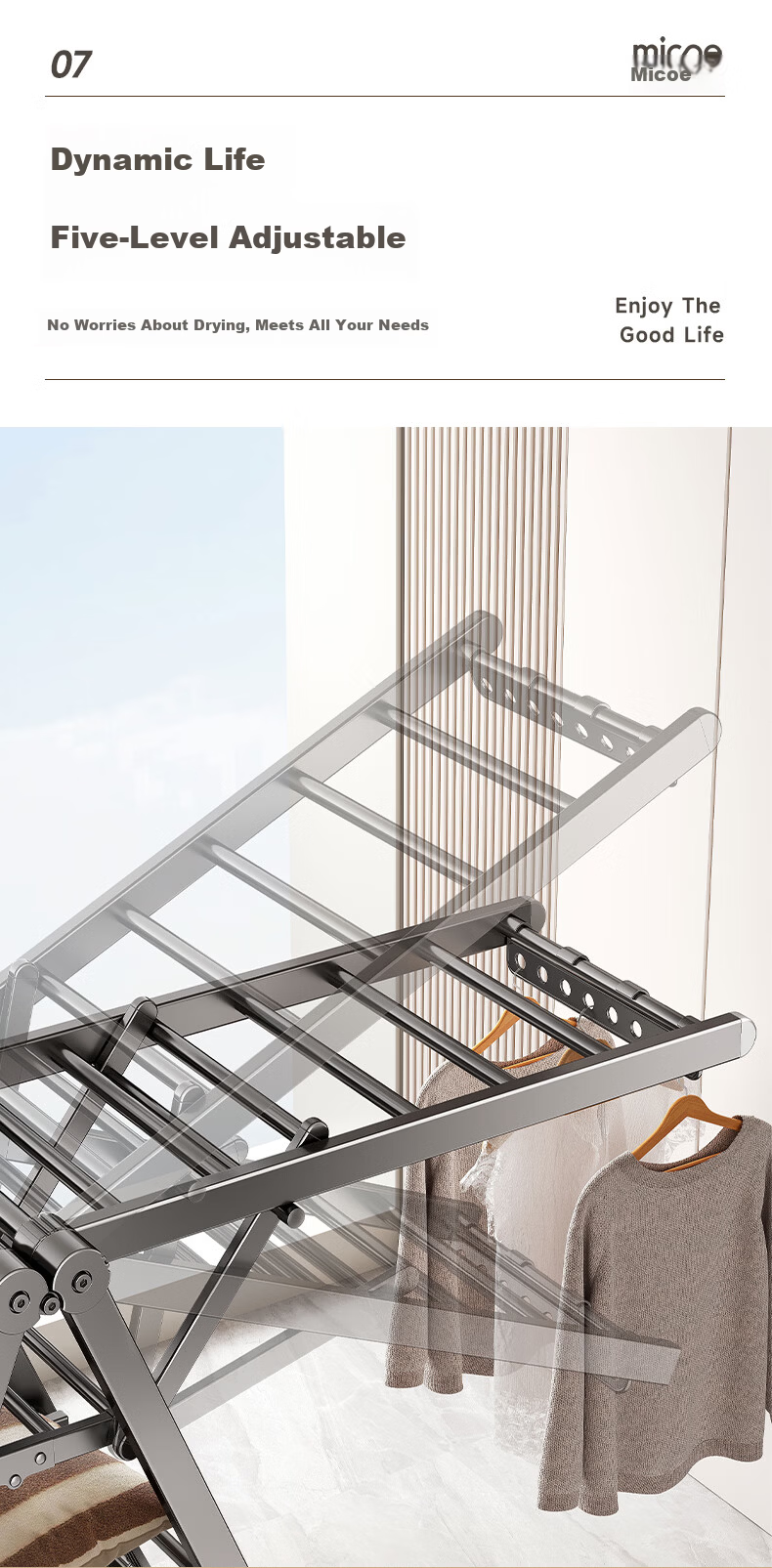 MICOE Floor Folding Clothes Drying Rack Indoor Wing-Shaped Balcony Laundry Rack Quilt Drying Rack Clothes Rod 6