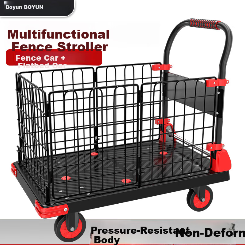 Boyun Folding Cart with Guardrail, Hand-Pulled Flatbed Trolley, Cargo Fence Cart, Small Hand Truck with Mesh Frame