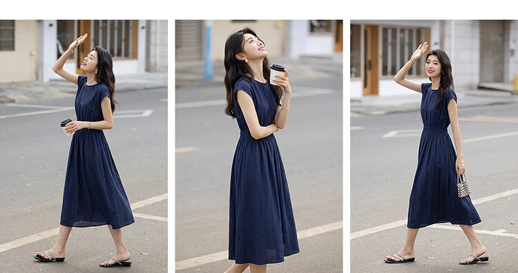 Demana [Elegance Companion] Summer Commuter Style Round Neck High Waist Cap Sleeve Lightweight Draped Mid-Length Women's Dress 6