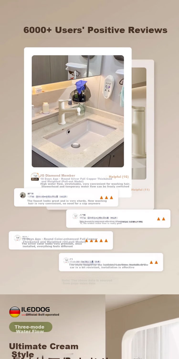 ILeddog [Germany] All-Copper Body Pull-Out Basin Faucet for Washbasin, Bathroom Universal Swivel Faucet MPCL 3