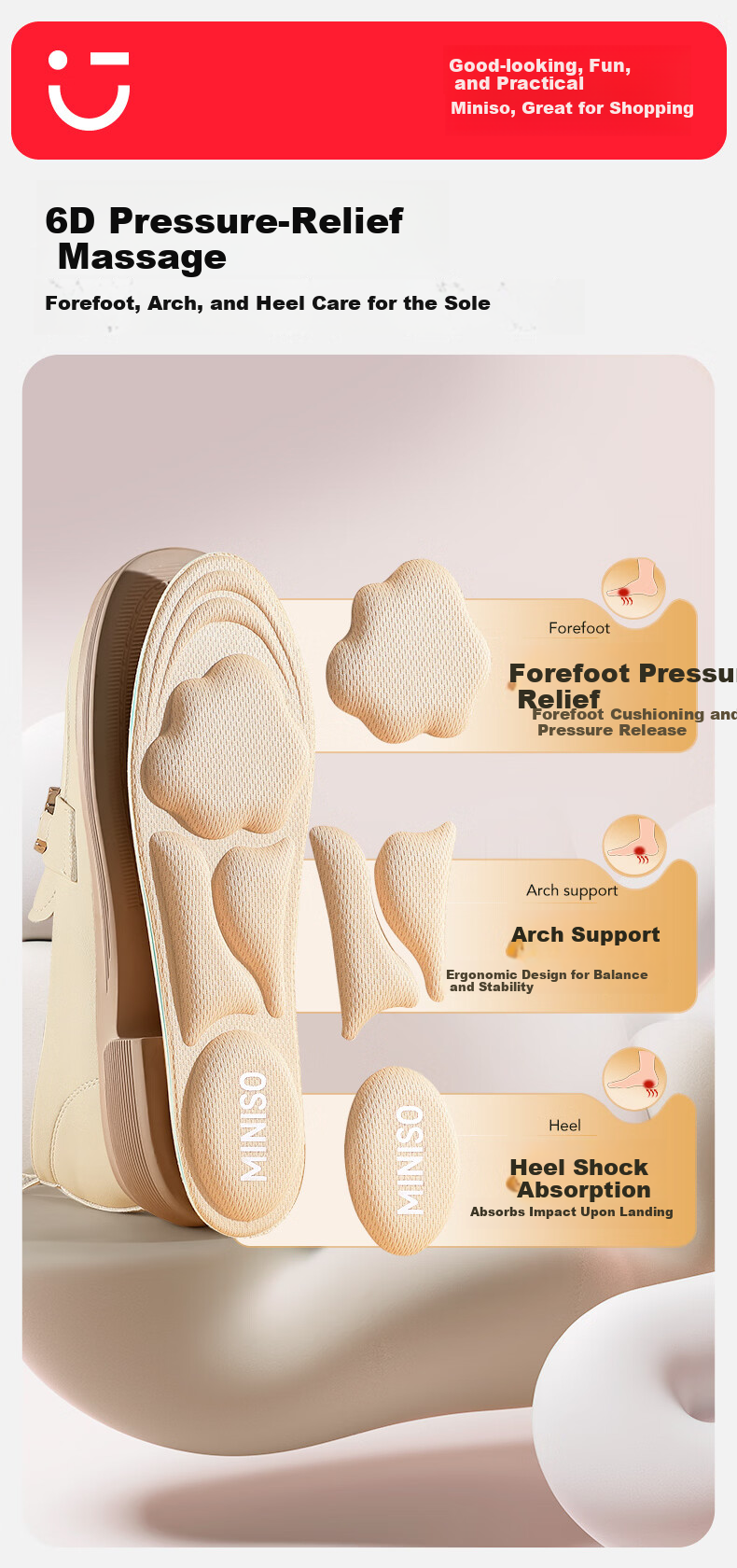 MINISO 6D Massage Arch Support Sports Insoles for Men and Women, Sweat-Absorbing, Breathable, Soft and Elastic, Size 44-46 3
