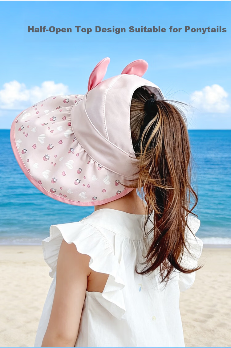 9i9 Kids Summer Sun Protection Hat Thin Girls Open-Top Wide Brim Sunshade Hat Sweet Strawberry Rabbit Ponytail 3-12 Years F36 6