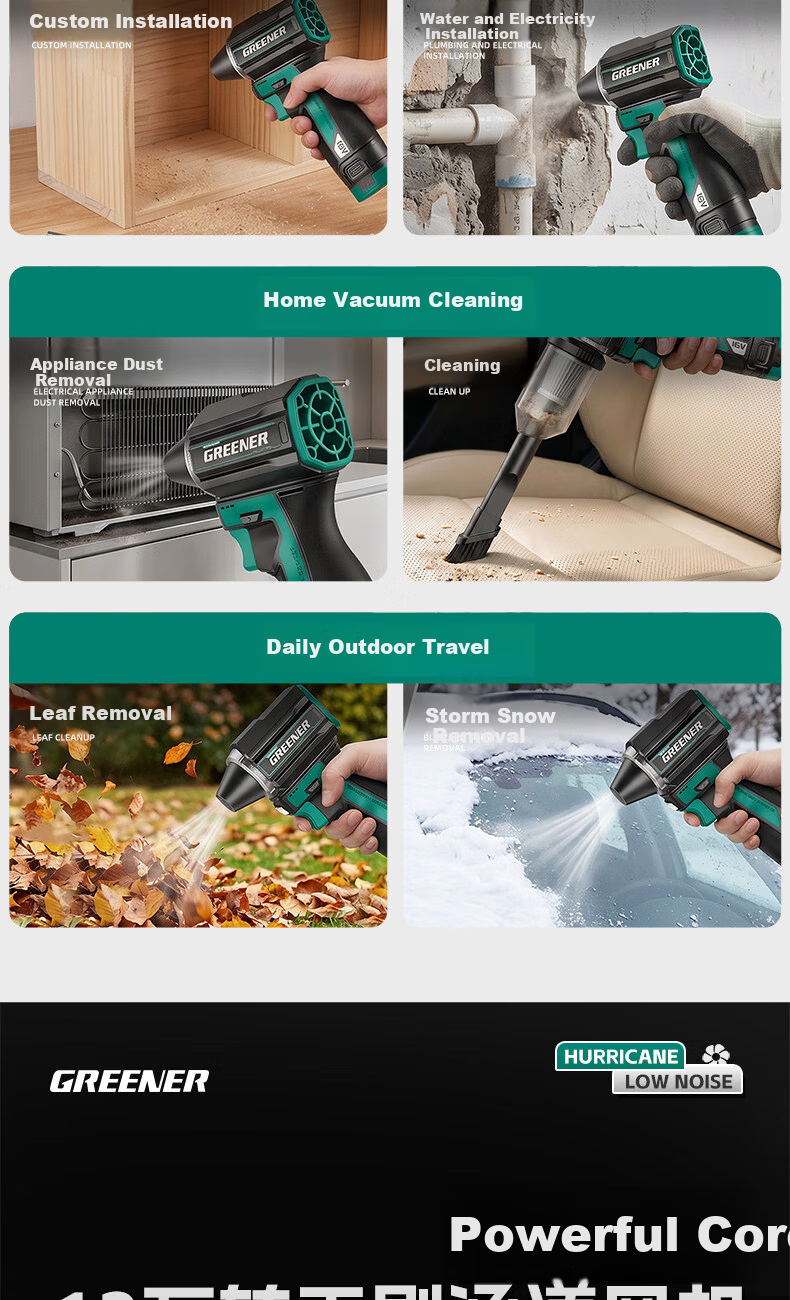 GREENER Pocket Turbo Fan Powerful Hair Dryer Brushless Lithium Battery Dust Removal Car Wash Water Blower One Battery One Charger 3