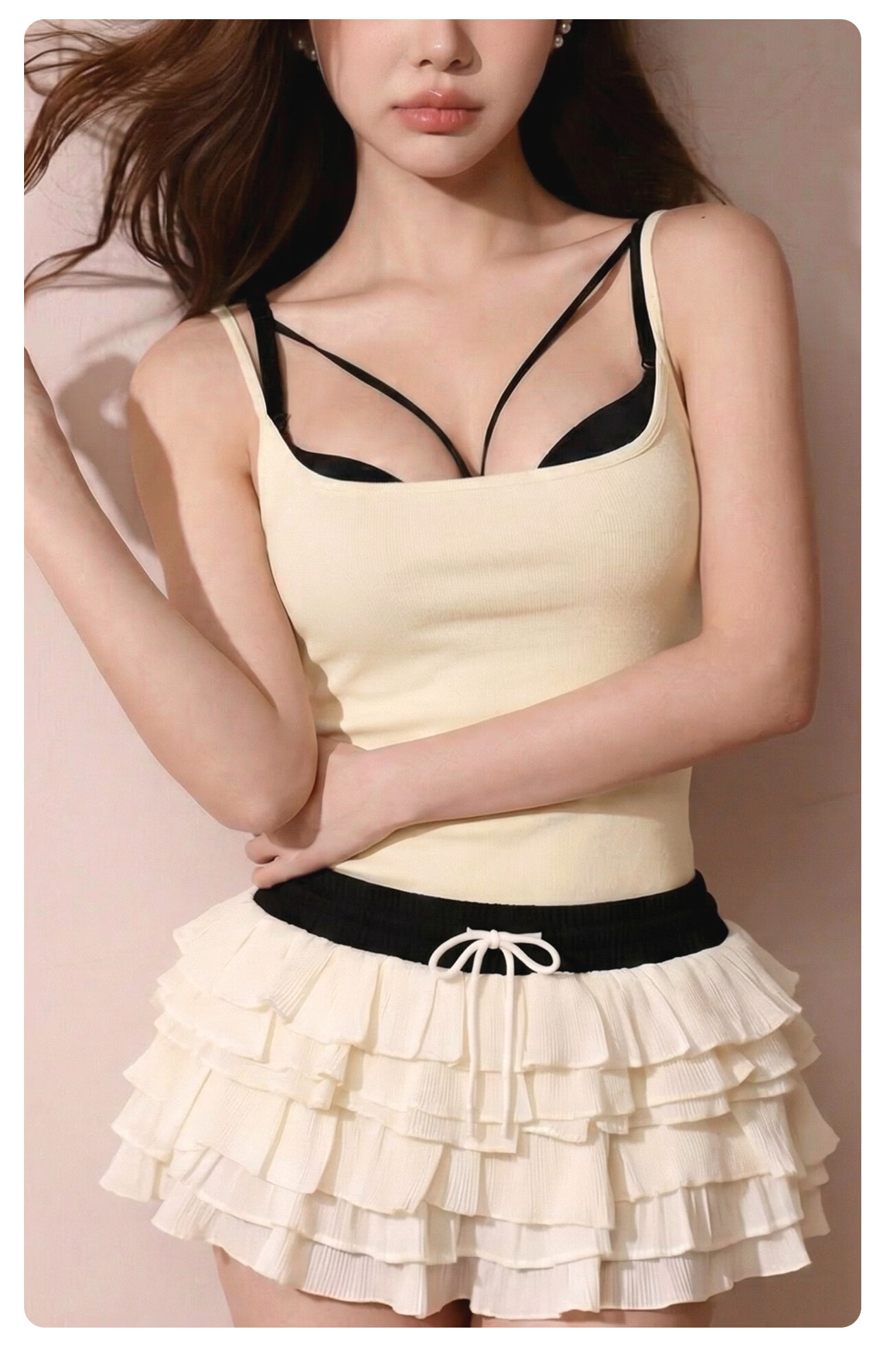 PINK AMY Pinkamy Peach Waist White Camisole Tank Top Women's Innerwear Basic Shirt 22