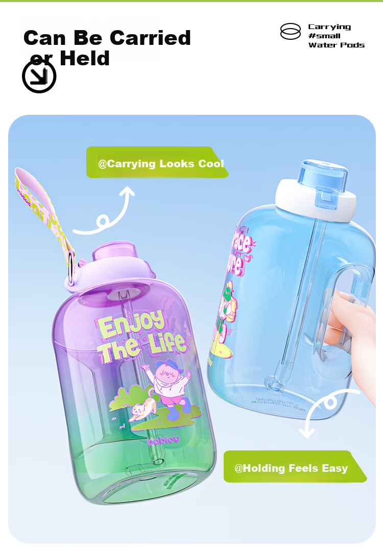 BABLOV Huaban Sen Large Capacity Water Bottle for Women Summer High Temperature Resistant Portable Sports Water Jug with Straw 8