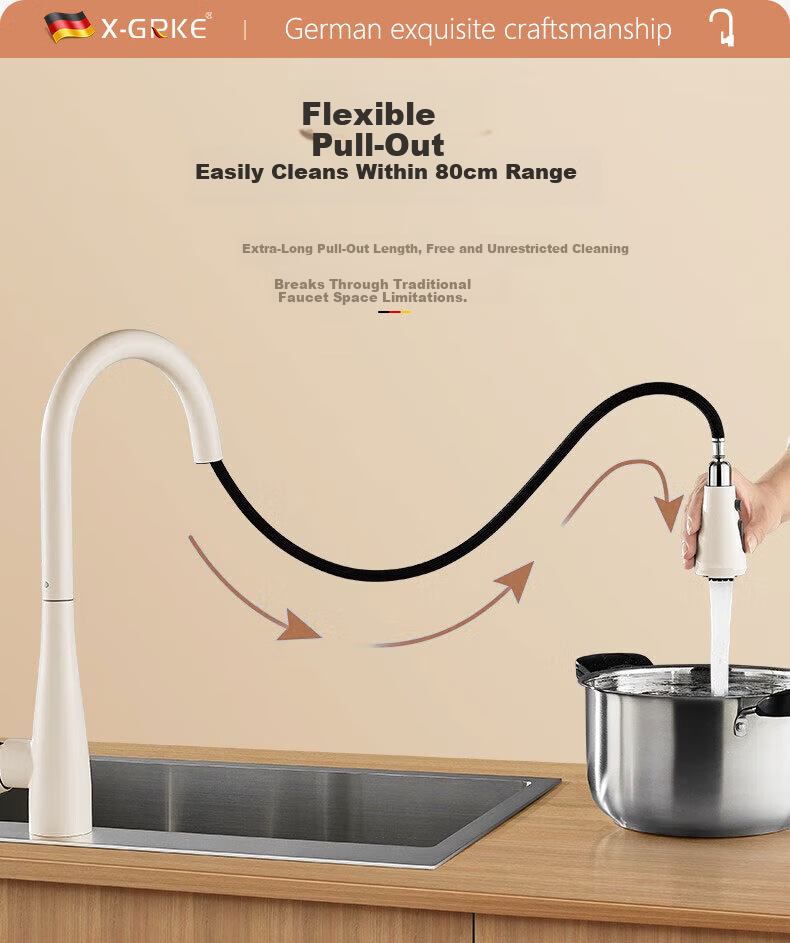 X-GRKE German Kitchen Faucet Hot and Cold Two-in-One Sink Faucet Three-Mode Pull-Out Kitchen Faucet 5