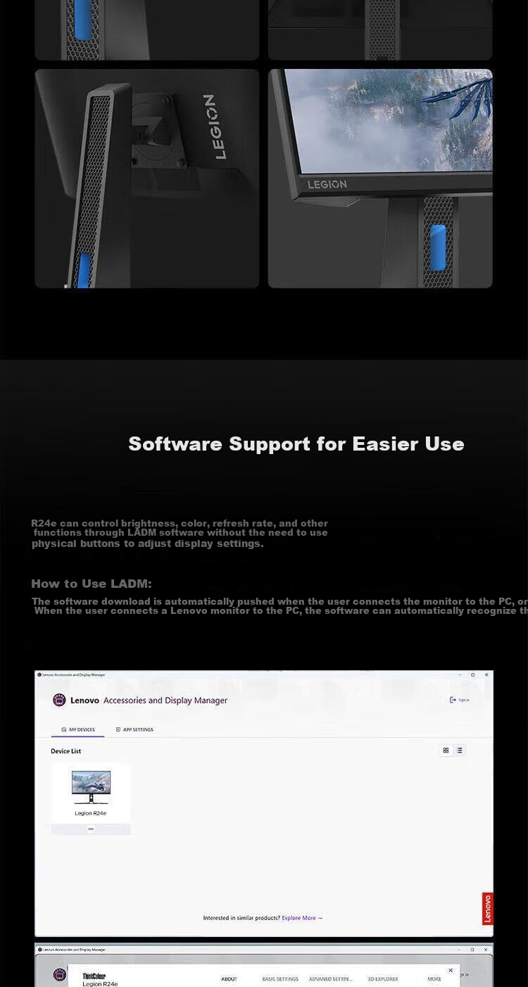 Lenovo 23.8-Inch 180Hz High Refresh Rate Gaming Monitor IPS Panel 1ms GTG Dual Interface Height Adjustable Rotatable Low Blue Light 99% SRGB Computer Display R24e 10