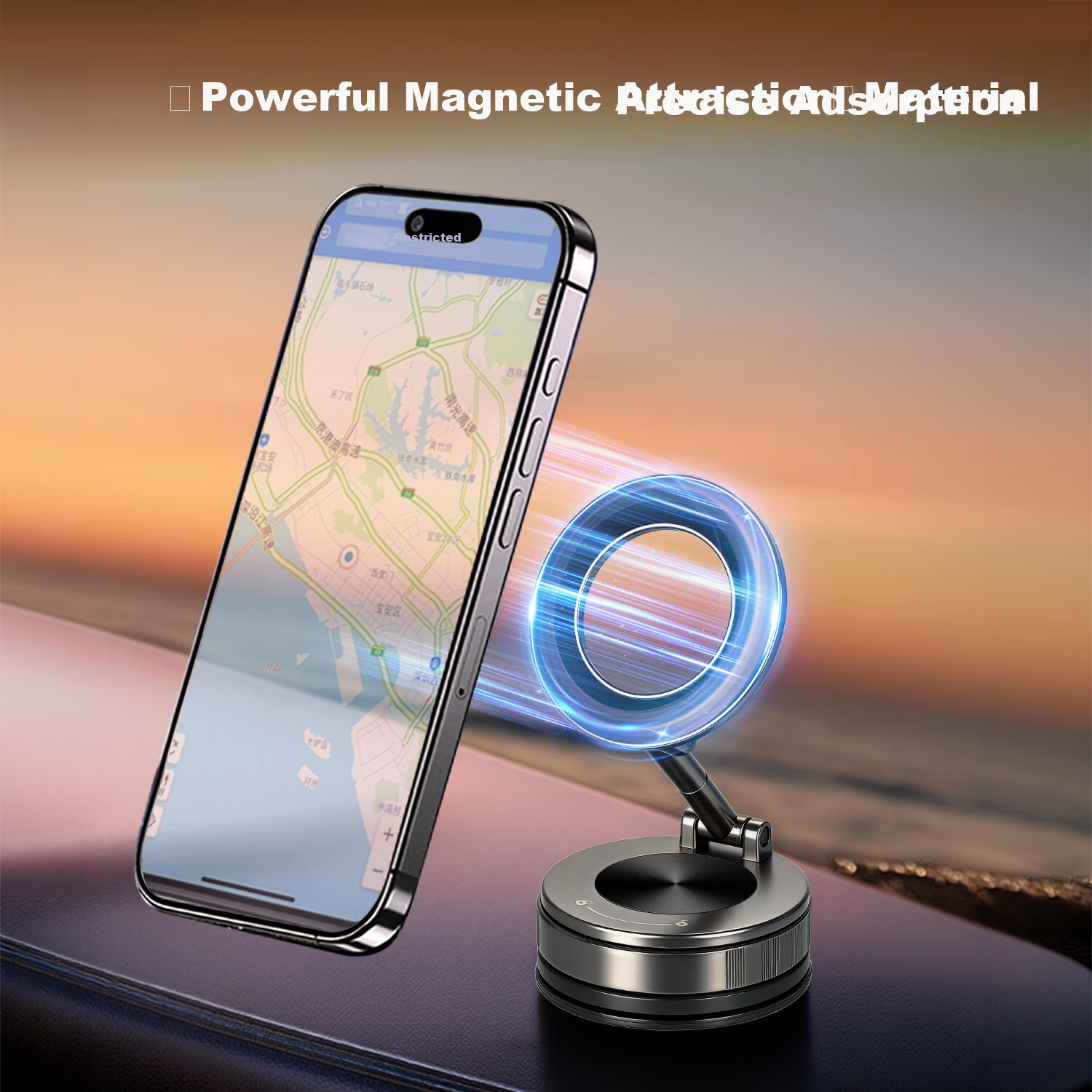 Feimaotui Car Phone Holder Suction Magnetic Mount 360° Rotatable Dual Ring Strong Adhesive Horizontal and Vertical Screen