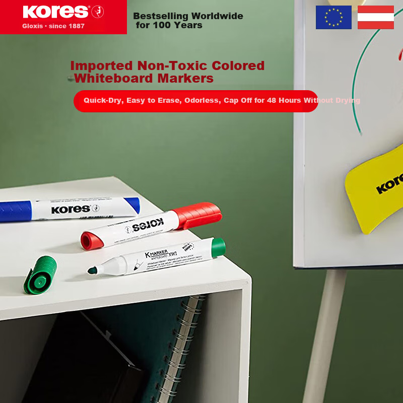 KORES European Imported Colossus Thick Erasable Colored Whiteboard Markers Large Capacity Red Blue Green Black Board Markers Writing Drawing Board Pens Non-Toxic Round Tip 4-Color Set for Children and