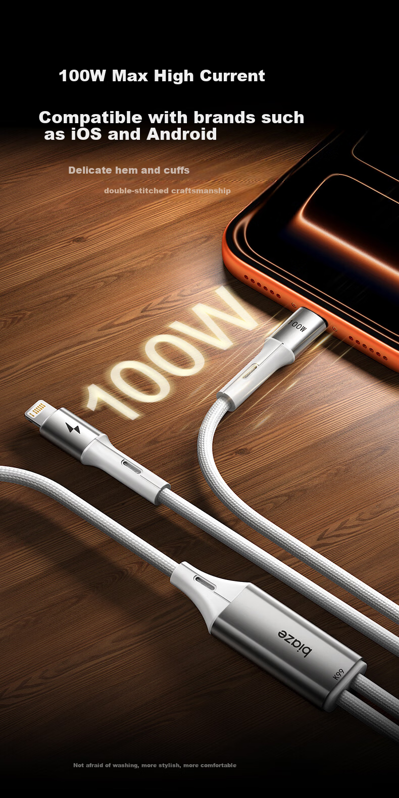 BIAZE Type-C Data Cable, 100W Super Fast Charging, Car USB-C Charging Cord, Suitable for Huawei, Honor, Xiaomi, Android, Apple IPhone 18/17/16/15 Pro Max Phones 2