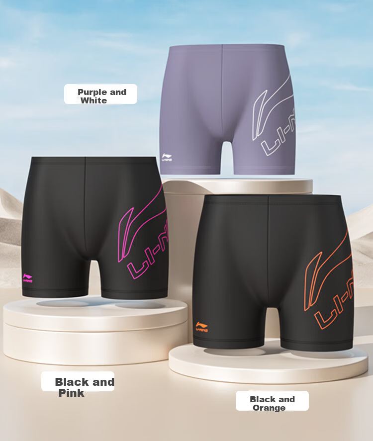 LI-NING Men's Quick-Dry Chlorine-Resistant High-Elasticity Comfortable Square Leg Swim Trunks 820 Black Pink L 12