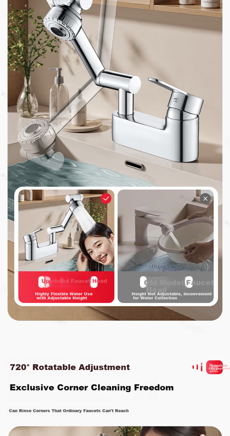 Baihan Wash Basin with Two-Speed Rotatable Faucet, 2-in-1 Hot and Cold Water Three-Hole Universal Vanity Sink Faucet 6