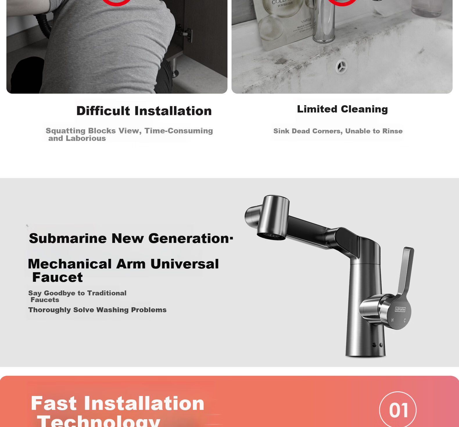 Submarine Mechanical Arm Faucet for Sink Bathroom Basin Under-counter Hot and Cold Water Mixer 2-in-1 Stainless Steel L7112H 4