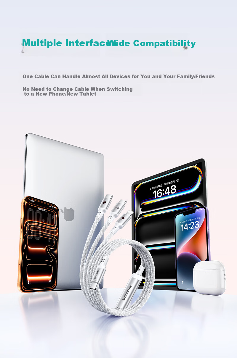 ShanZe Type-C 3-in-1 PD 100W Fast Charging Cable for Apple iPhone 17/16/15/14 Xiaomi Huawei Mate70 Smartphones Tablets Car Use 1.5m Black 4