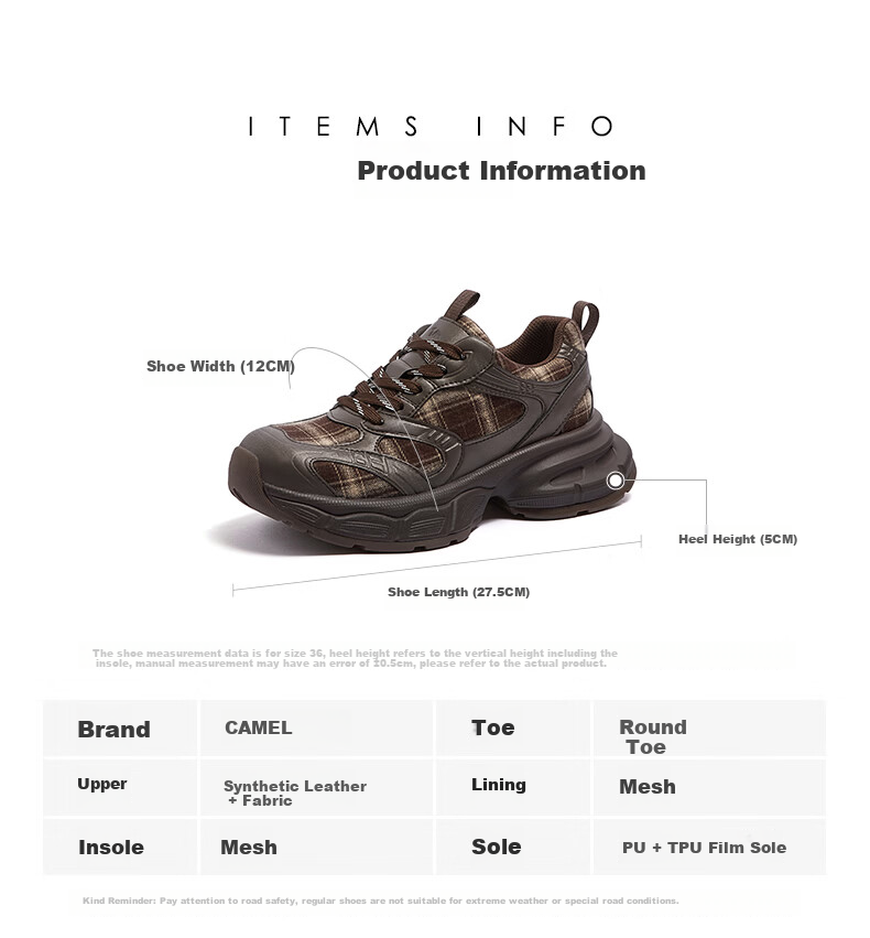 CAMEL Women's Dad Sneakers Modern Plaid Breathable Thick Sole Height Increasing Casual Sports Shoes L26S283201 Brown Size 36 11