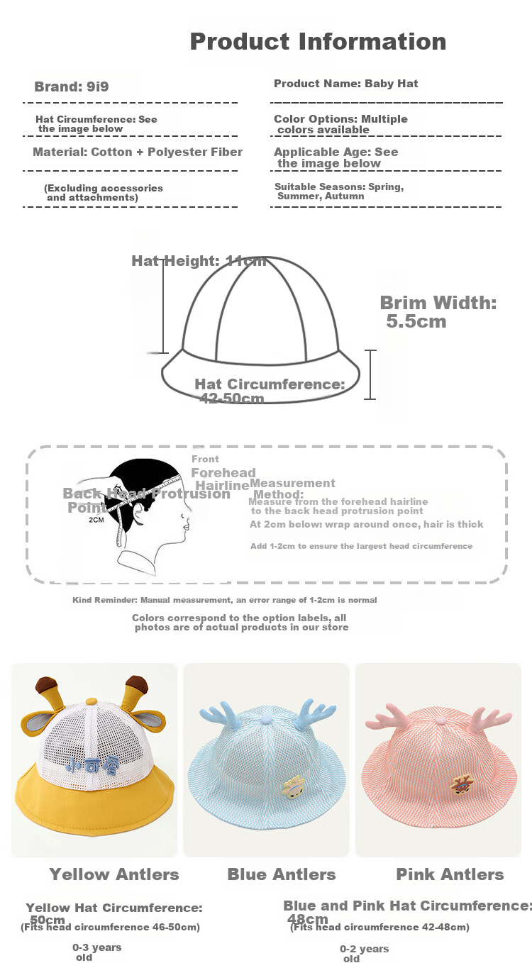 9i9 Baby Summer Thin Deer Antler Sun Protection Bucket Hat for Boys and Girls 0-2 Years F32 Blue 2