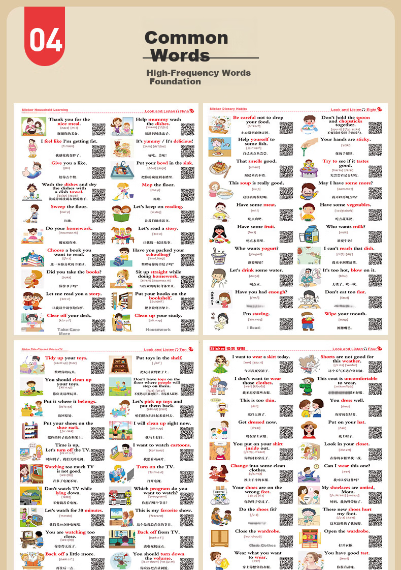 GOTOVAN Family Scene English Conversation Sticky Notes Daily Life Memo Stickers Kids Learning Labels Elementary School English Word Flashcards Cartoon Waterproof Stickers 4