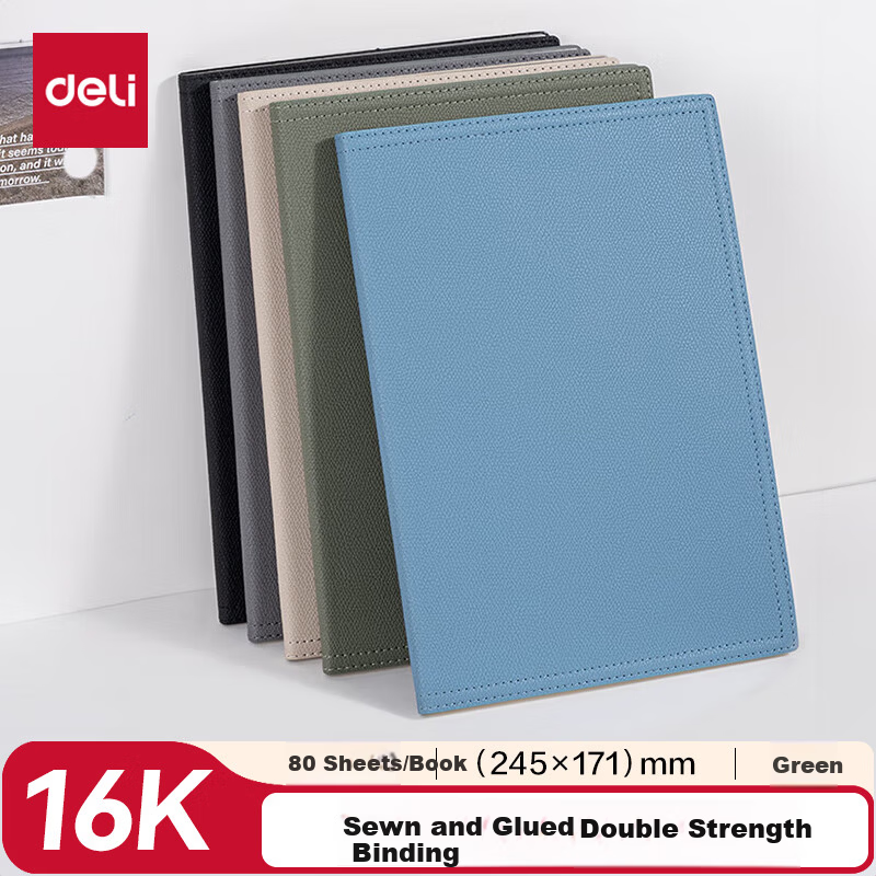 Deli Leather Cover Notebook Light Business Office Meeting Notepad 16K 80 Sheets 245*171mm BP156 Green