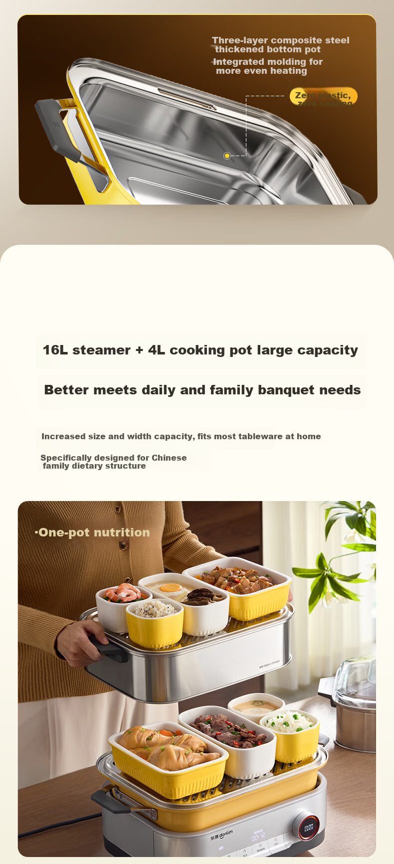Donlim 20L Stainless Steel Electric Steamer Multi-Function Cooker 3-in-1 Steaming, Stewing, Boiling Electric Hot Pot DL-1007 16