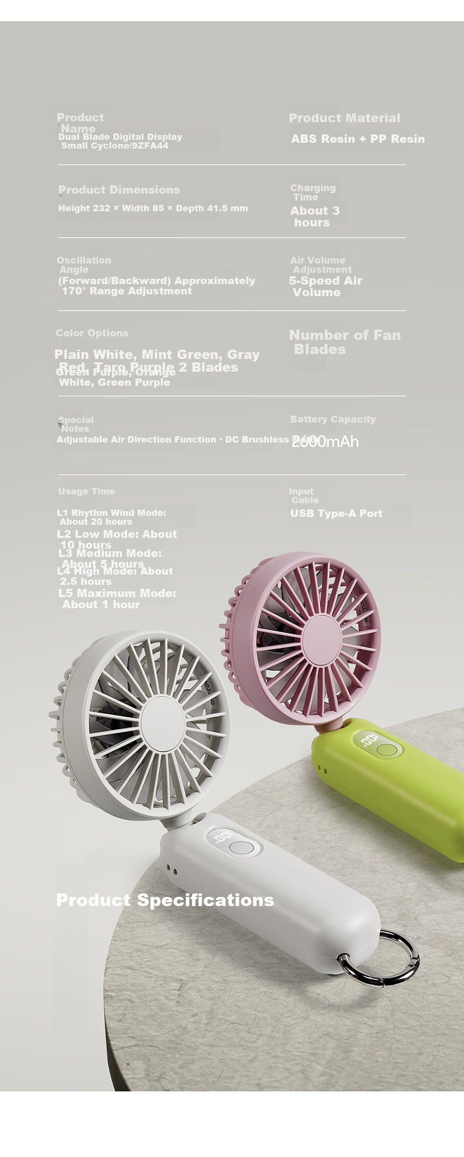 RHYTHM Japan Ultra-Quiet Handheld Fan Office Desktop Portable USB Rechargeable Long Battery Life Neck Hanging Mini Cooling Fan 9ZFA44DL13 Light Green 19