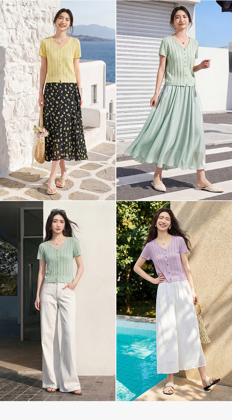 Shangdu Bira Linen Lyocell Knitwear Women Spring Summer Sweet Youthful V-Neck Hollow Texture Short Sleeve Cardigan Top 7