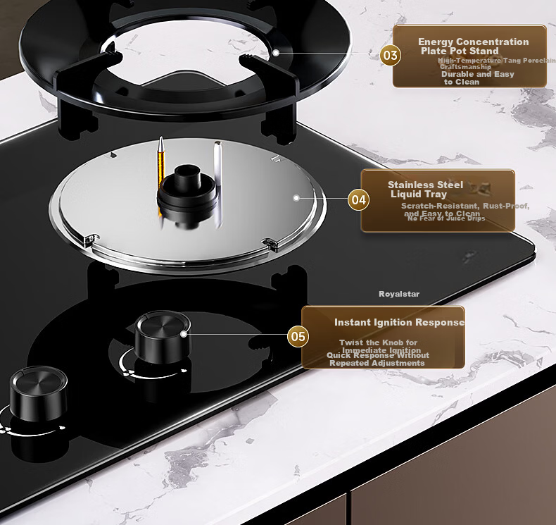 Royalstar Extraordinary Series Gas Stove Natural Gas Double Burner Built-in Nine-Chamber Dual Burner Tabletop High Heat Stove First-Level Energy Efficiency 70% Thermal Efficiency JZT-R55-2 4