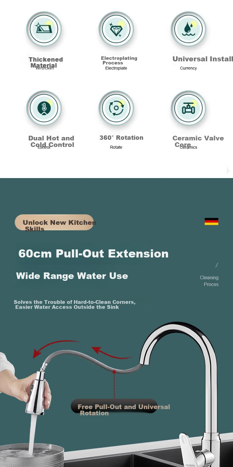 IVORPO [Germany] All-Copper Kitchen Pull-Out Faucet Hot and Cold Two-in-One Rotatable Sink Stretchable Swivel Faucet 1