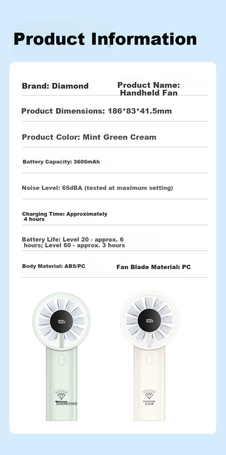 Diamond Brand Handheld Mini Fan High-Speed Energy-Saving Portable Rechargeable Quiet Powerful Outdoor Personal Fan for Students Dormitory Back to School 13