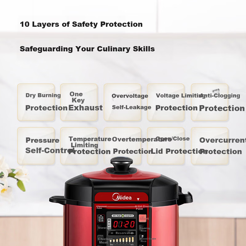 Midea 6L Electric Pressure Cooker, Large Capacity, 7 Adjustable Pressure Levels, Household Rice Cooker for 5-8 People, Fully Automatic Smart Reservation, Open-Lid Cooking, Soup and Rice Cooker MY-QC60