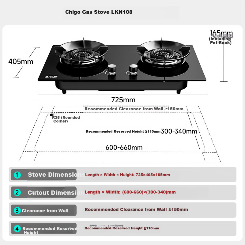 CHIGO Gas Stove with 15% Government Subsidy, 5.0kW High Flame Double Burner, Built-in and Tabletop Glass Panel Gas Cooker JZY-KN108