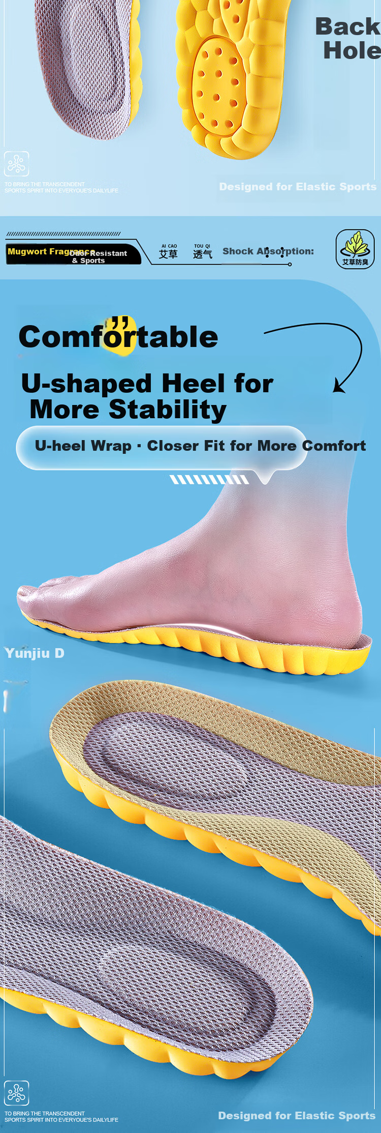 JVBV Sports Insoles Soft Elastic Anti-Fatigue High Resilience Shock Absorption Thickened Arch Support Sweat-Absorbing Breathable Size 35-36 5