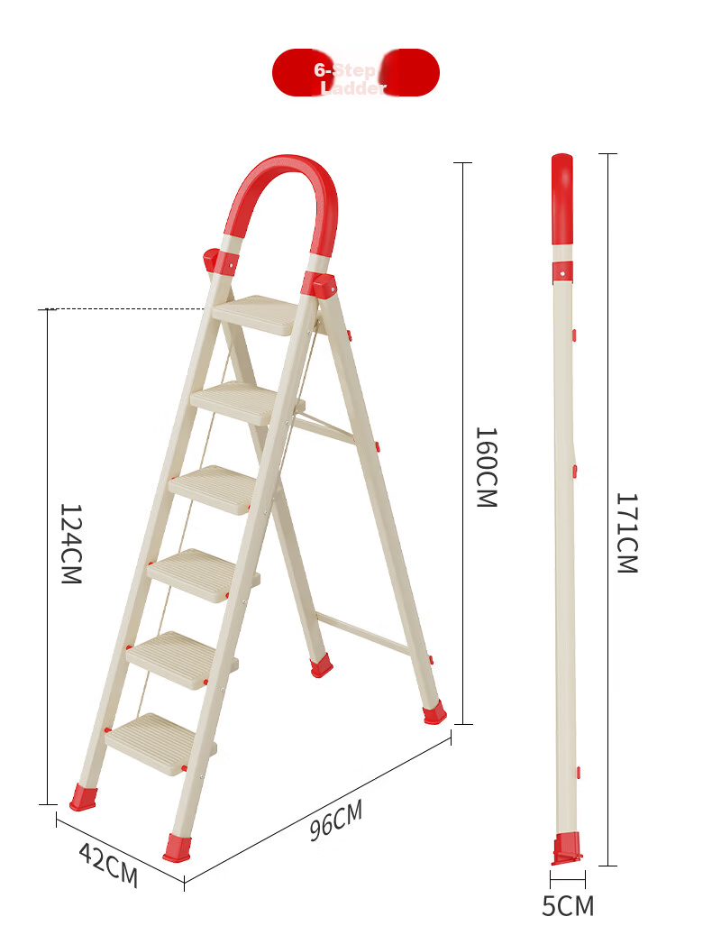 DU PONT Household Folding A-Frame Ladder Indoor Thickened Multi-Functional Safety Step Ladder Red and White 6-Step 10