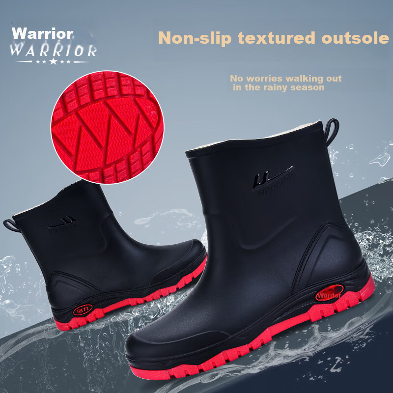 Warrior Men's Short Waterproof Non-Slip Rain Boots Outdoor Work Car Wash Delivery Rider Fishing Durable Rain Shoes 5388 Black Size 45
