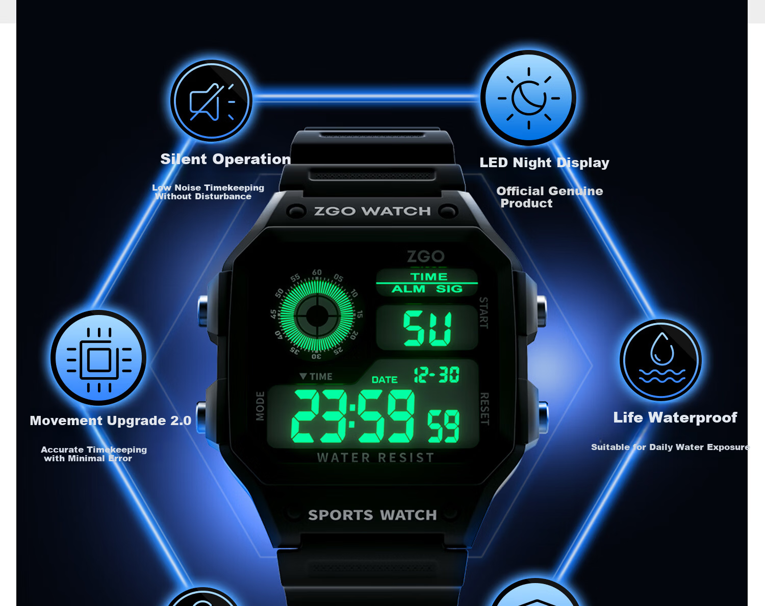 ZGO Men's Vintage Style Digital Watch Student Waterproof Small Square Sports Electronic Watch for High School and Middle School Students 3